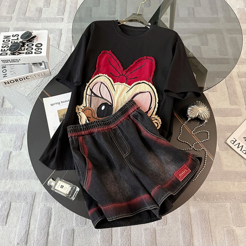 韩系炸街休闲运动套装女夏新款圆领短袖卡通上衣宽松短裤两件套潮