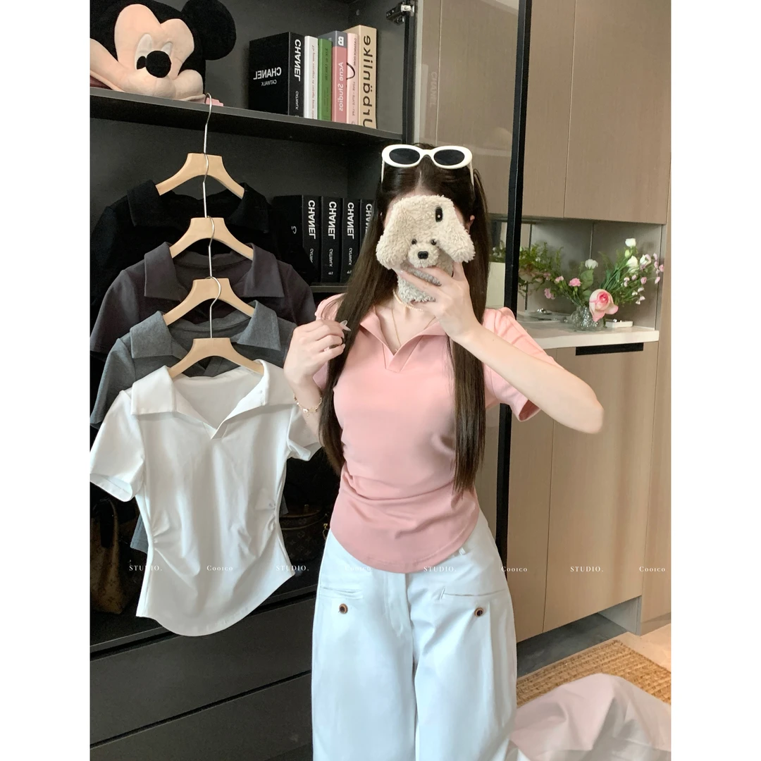 大码胖mm韩版Polo领大V领褶皱正肩短袖T恤时尚百搭显瘦上衣女