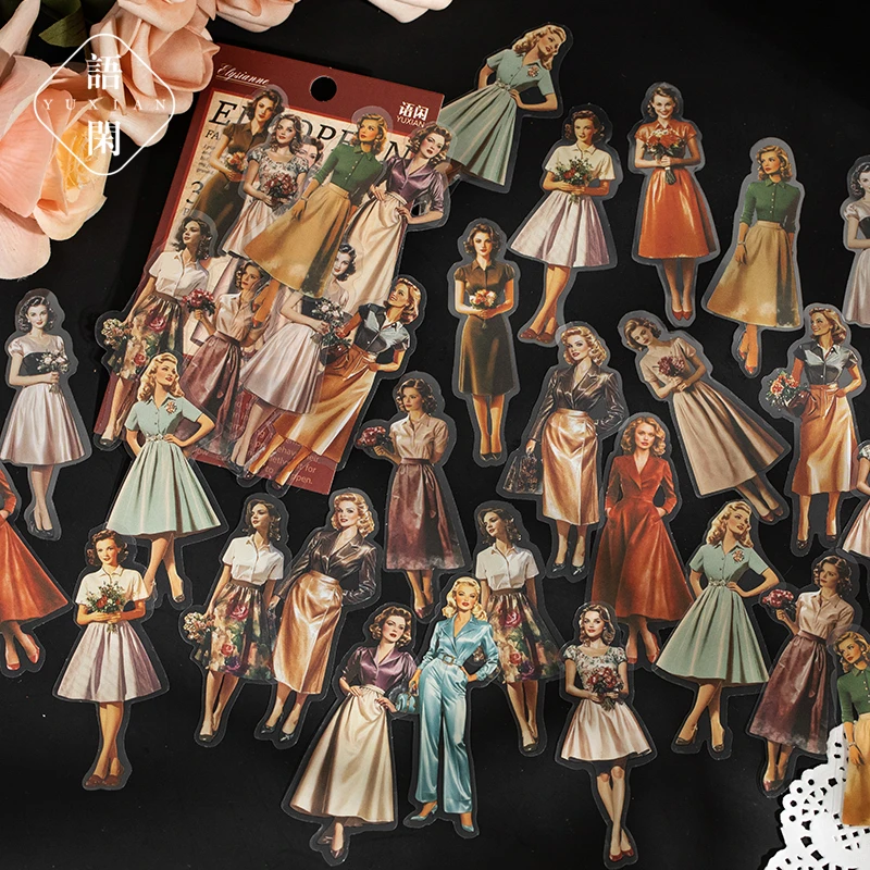 语闲摩登人物pet贴纸包 复古欧美杂志风防水手帐DIY拼贴素材贴画