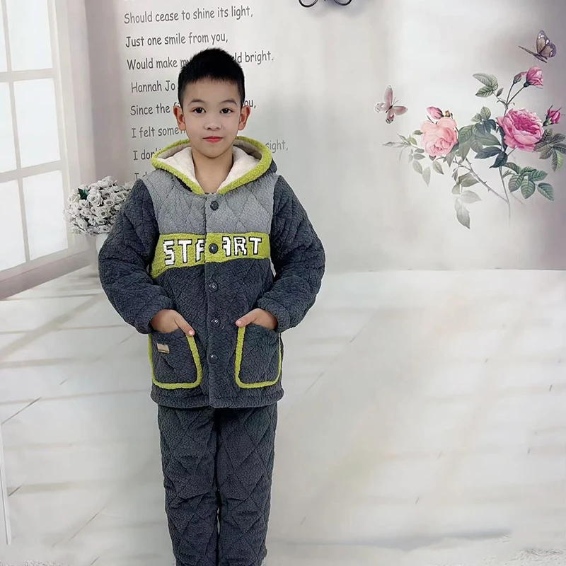 儿童睡衣冬季加厚三层男童法兰绒夹棉中大童珊瑚家居服套装23