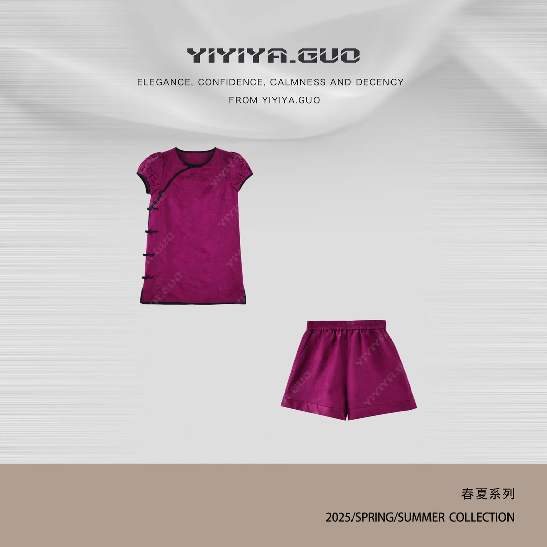 yiyiya.Guo艺艺吖新中式中国风斜襟圆领苞苞袖上衣➕短裤1737SS52