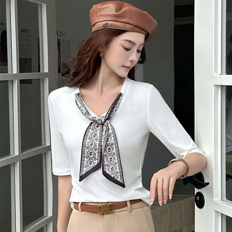 拉夏贝尔时尚洋气蝴蝶结v领五分袖T恤女2025气质显瘦百搭体恤上衣