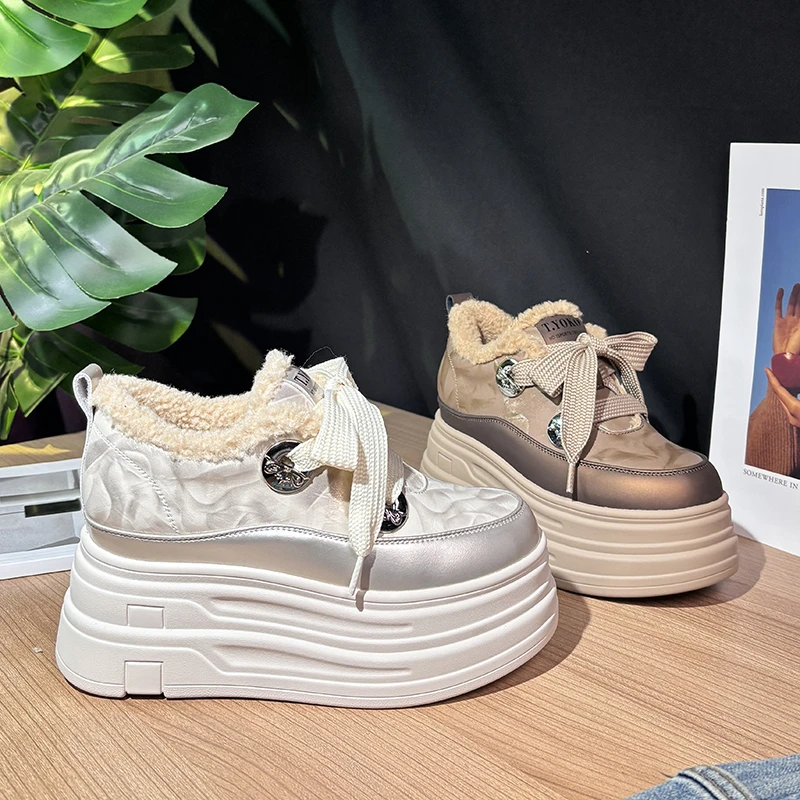 【增高8cm】百搭香槟色加绒小个子增高女鞋2025秋冬棉鞋厚底休闲鞋