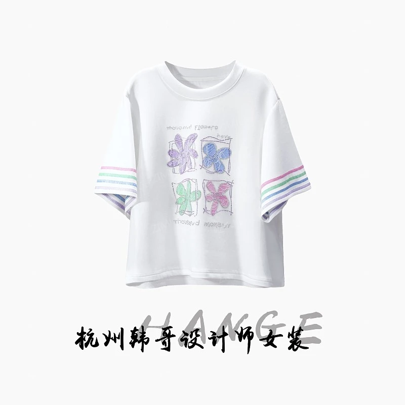 【韩哥女装】2025欧货设计师白色蕾丝绣花高克重休闲短袖8291-B6