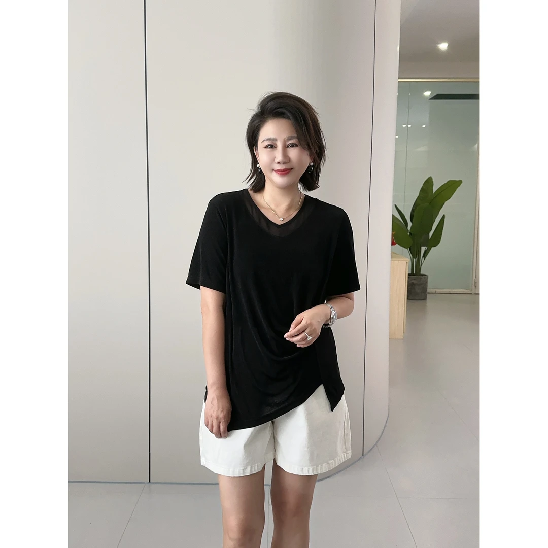 微胖女装【气质入骨】丝光醋酸打褶拼接T恤夏新款小众显瘦短袖20759