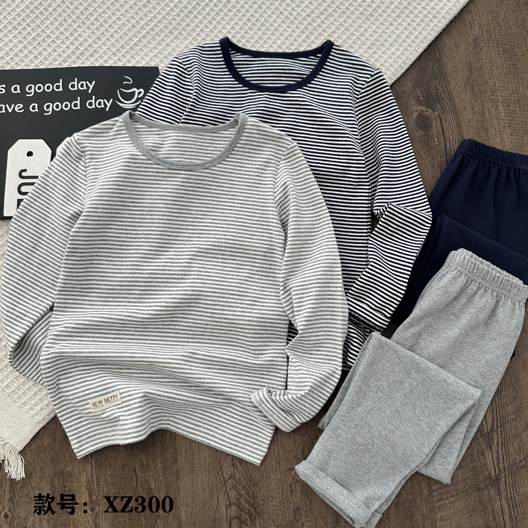 男童保暖内衣套装2025新款秋冬儿童条纹长袖秋衣秋裤家居服