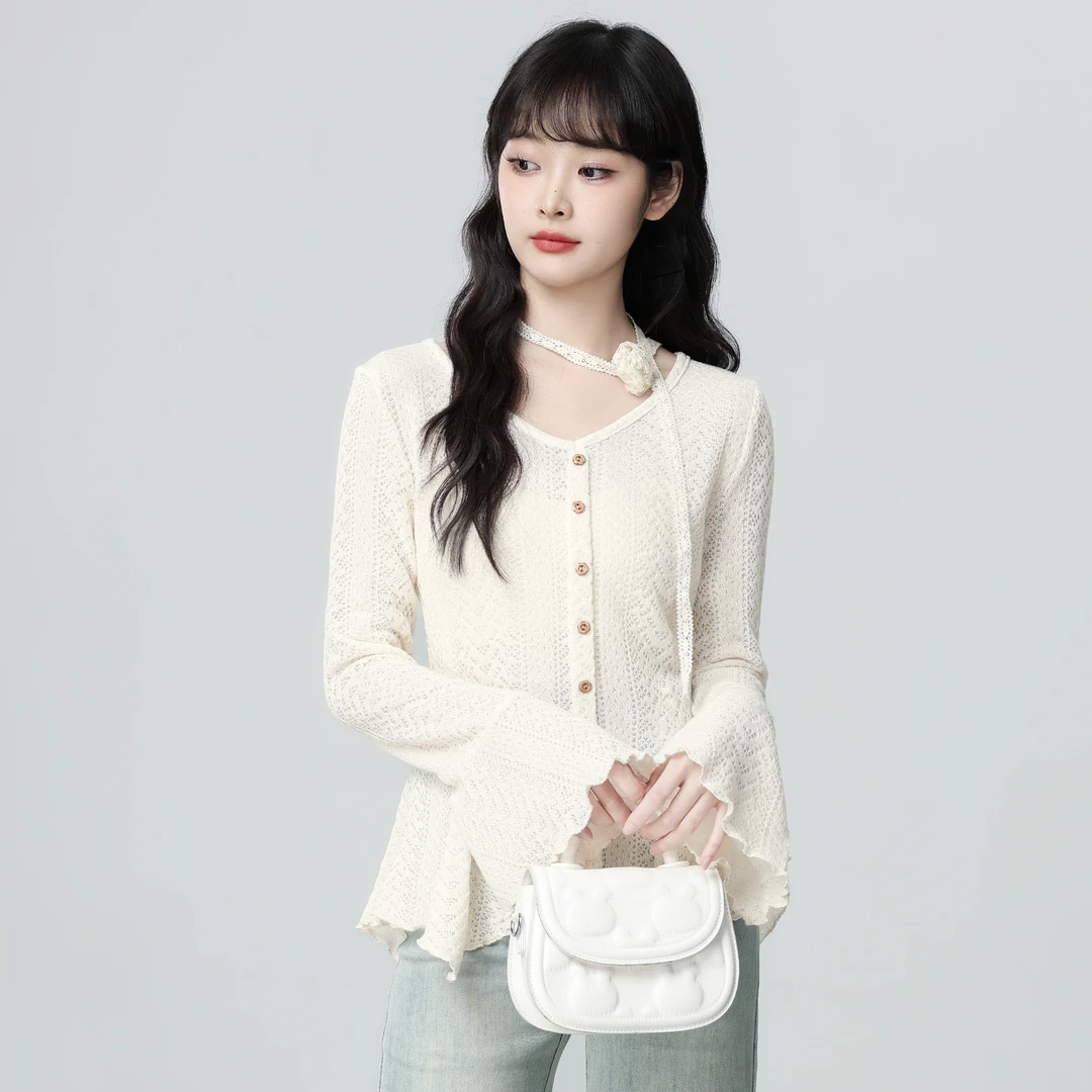 法式V领长袖针织开衫女春秋薄款2025秋季新款设计感收腰短款上衣