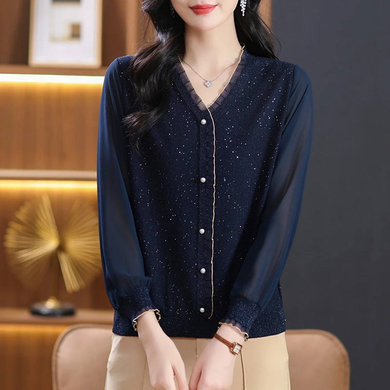 2025高级感洋气时髦木耳边网纱长袖薄款针织衫女春秋气质大码上衣