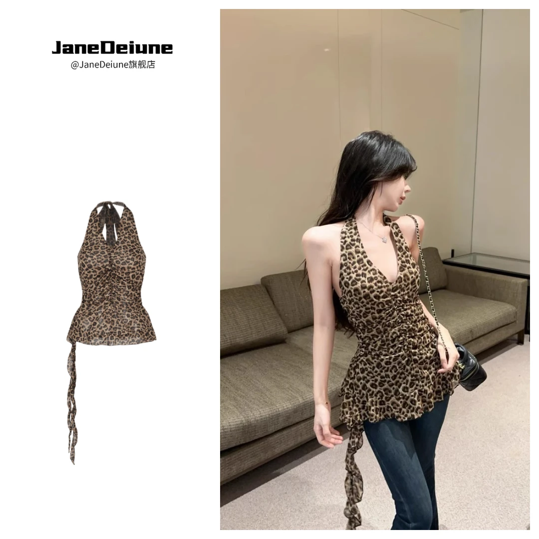 美式辣妹性感御姐风豹纹无袖背心女夏季心机漂亮小衫吊带挂脖上衣