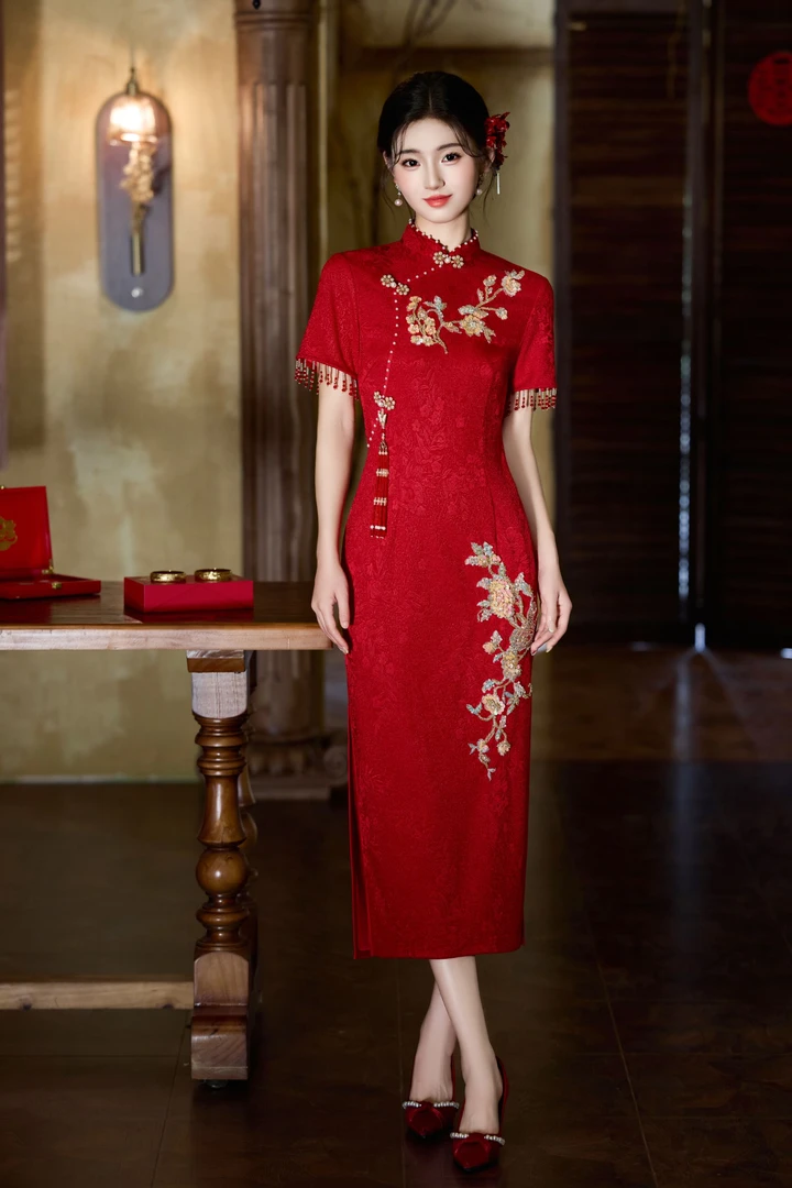 红色2025年新款气质长旗袍新娘中国风婚礼服显瘦夏款连衣裙