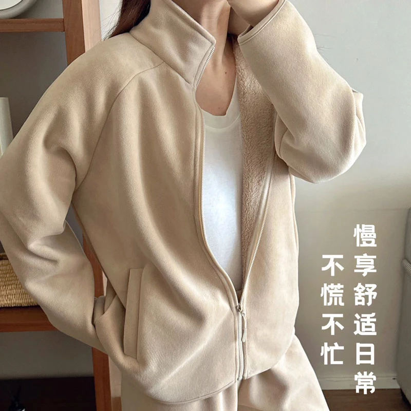 冬拉链加绒加厚珊瑚绒女睡衣套装保暖宽松高领可外穿摇粒绒家居服