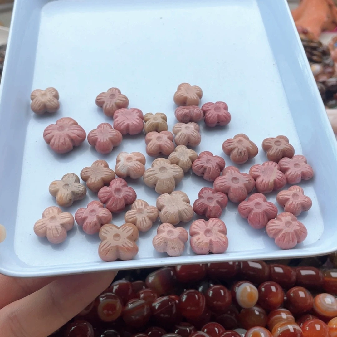 玛瑙/玉髓未镶嵌珠宝半成品五个装粉蔷薇雕刻花花卡12mm左右