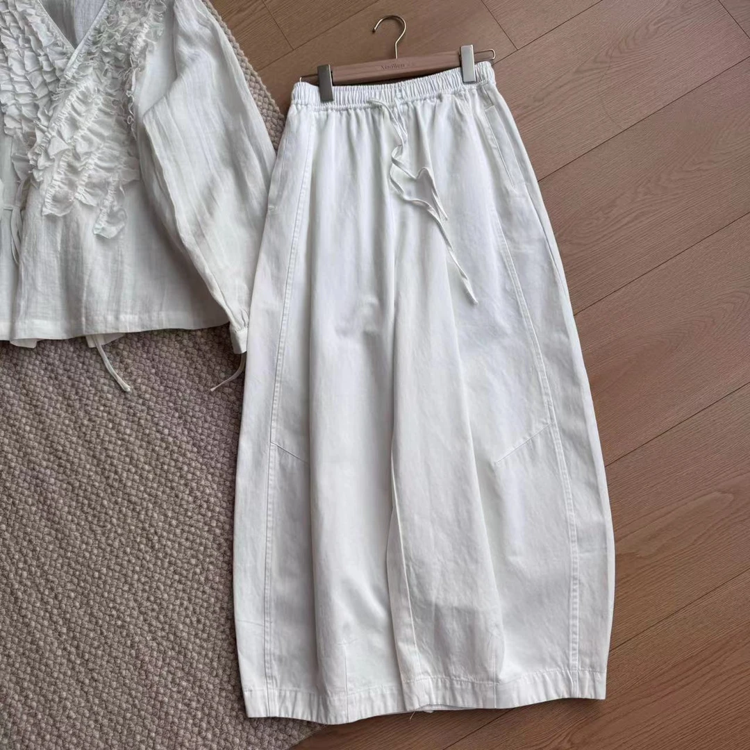 小文姐 W0465-松紧高腰阔腿裤宽松休闲直筒小个子九分哈伦老爹裤