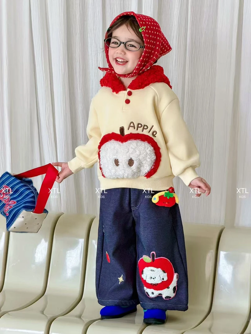 【XTL】2025新深秋蓝色苹果小狗刺绣加绒牛仔裤25108【汉服】