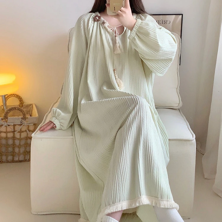 2025年春秋季新款提花棉睡裙女士甜美日系流苏简约长袖睡衣家居服