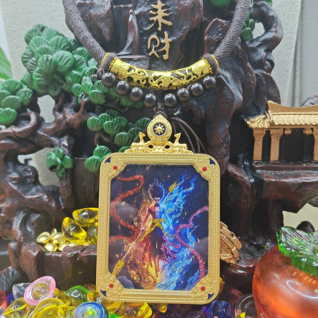 新款双面唐卡全彩描金洒金彩金哪吒挂件敖丙吊坠手工定制项链