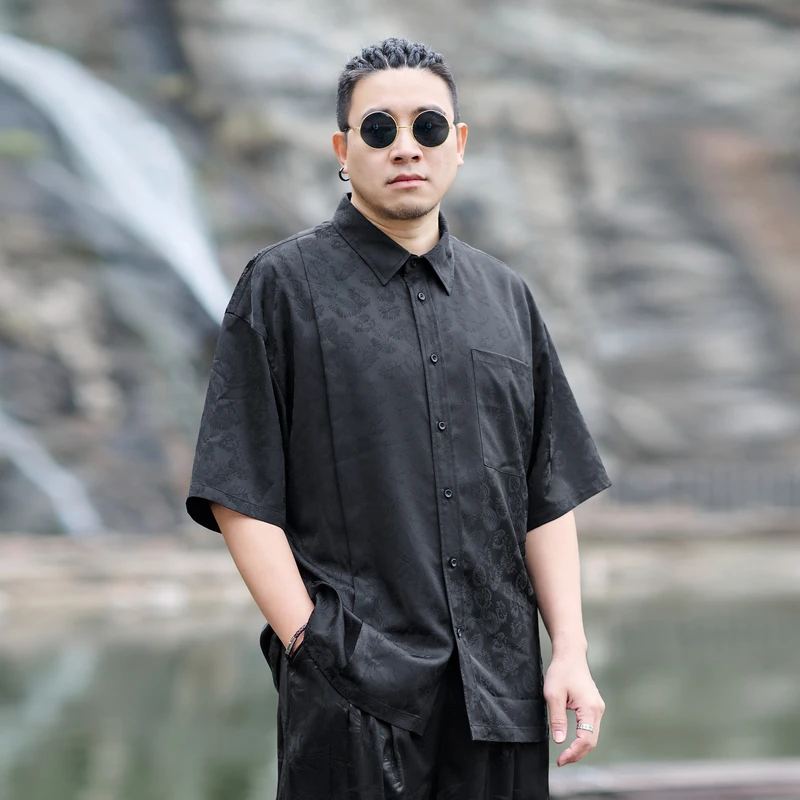半墨大码男装新中式国风短袖衬衫男宽松夏季复古提花衬衣胖子0357