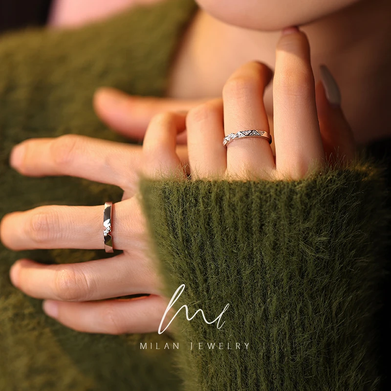 秘蓝 925银莫桑石戒指 纸短情长对戒/立体菱形简约时尚高级结婚戒