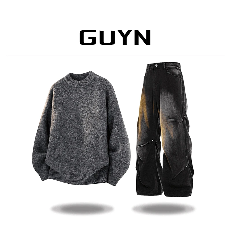 【品牌正品现货】GUYN美式纯色圆领毛衣男冬季休闲上衣时尚潮流男装