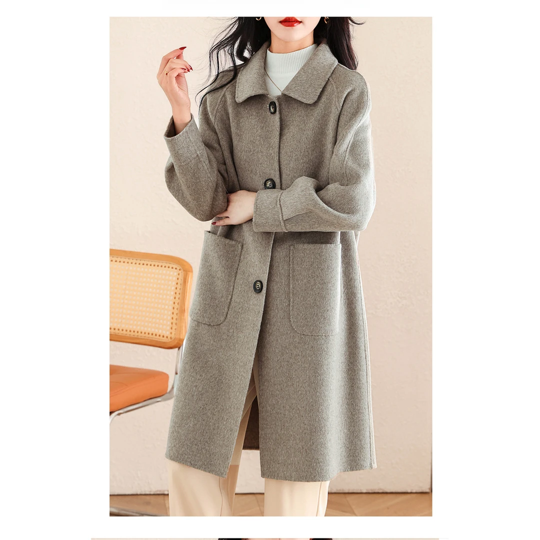 韩版高端双面呢大衣女中长新款显瘦原色秋冬新款手工羊毛绒呢外套