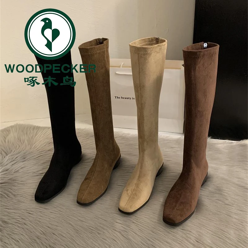 啄木鸟尖头绒面瘦瘦长筒靴2025年新款秋冬季韩版长靴中筒骑士靴子