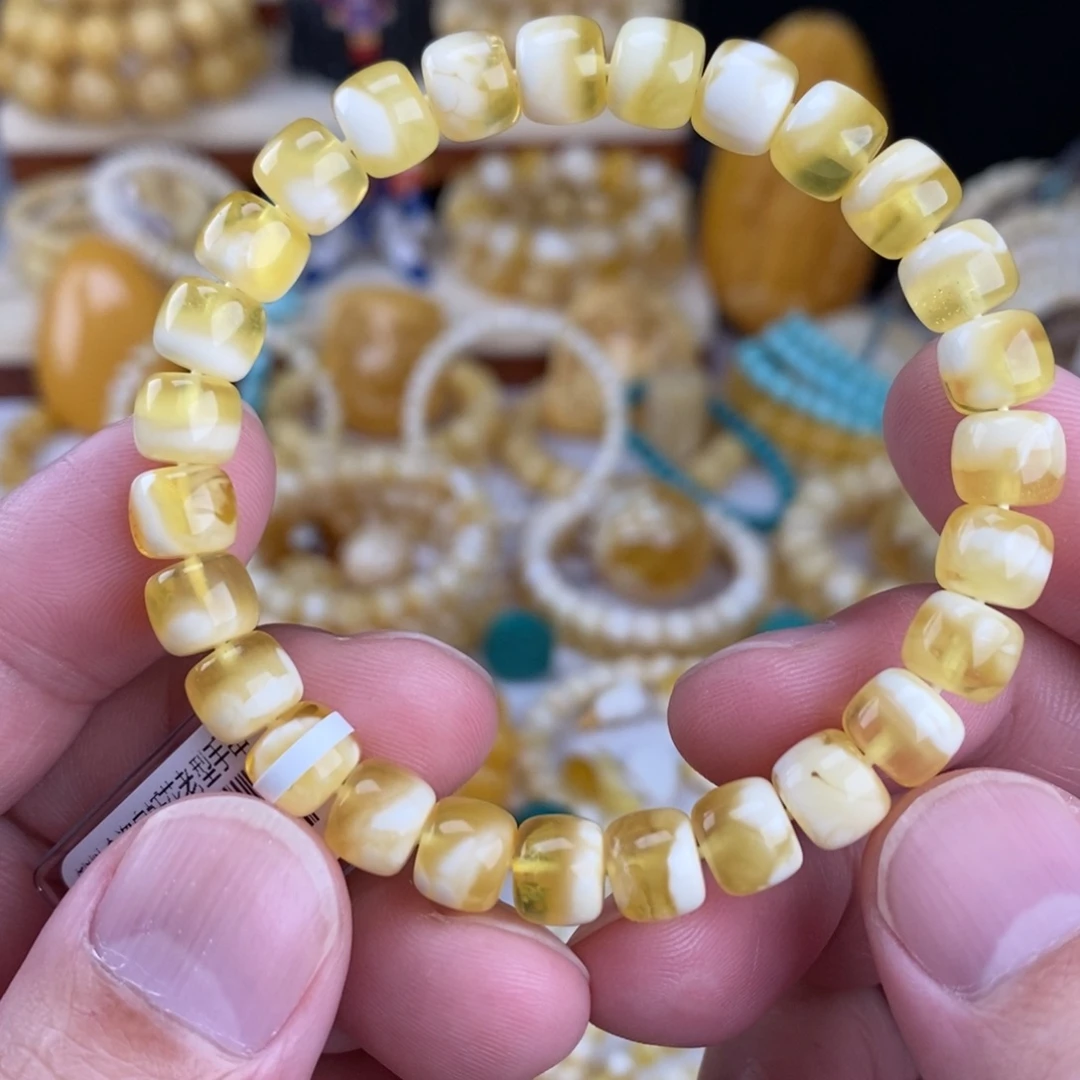 蜜蜡未镶嵌手链金瓷白妖花8mm