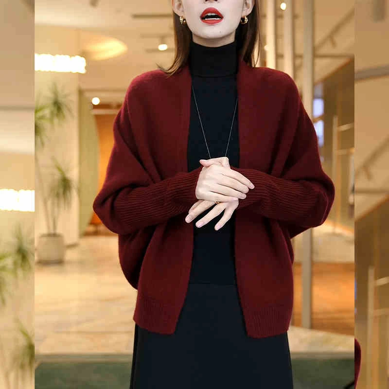春秋新款漂亮女V领秋冬毛衣开衫宽松大码针织衫毛衫外套披肩上衣