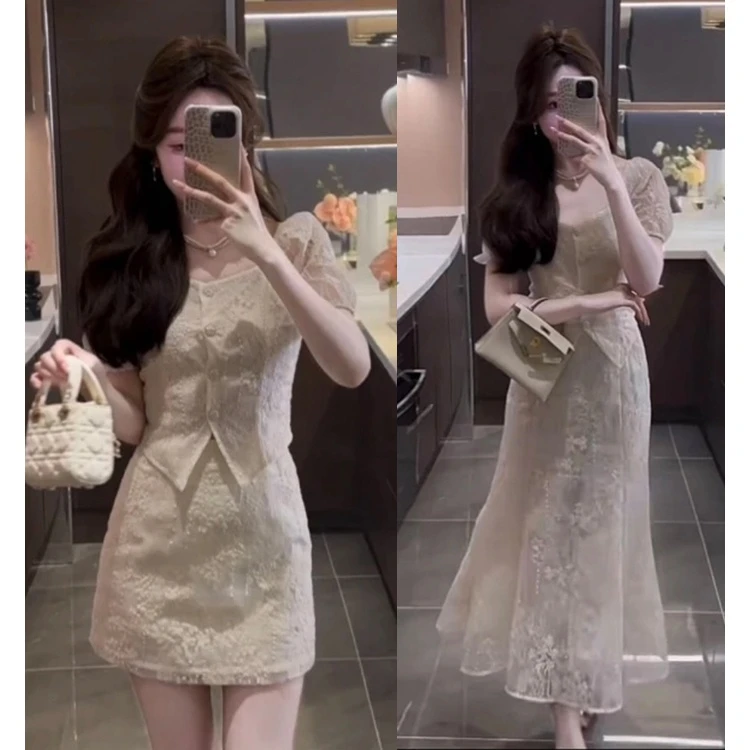 6805【朵拉】大码时尚小香风套装女夏季减龄气质上衣+半身裙两件套