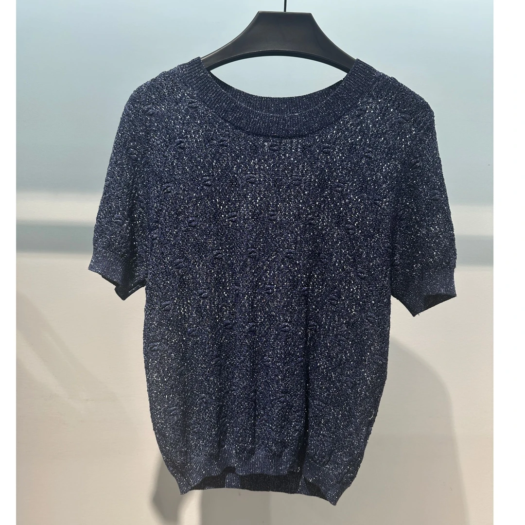 藏蓝色银色纱线短袖针织0019
