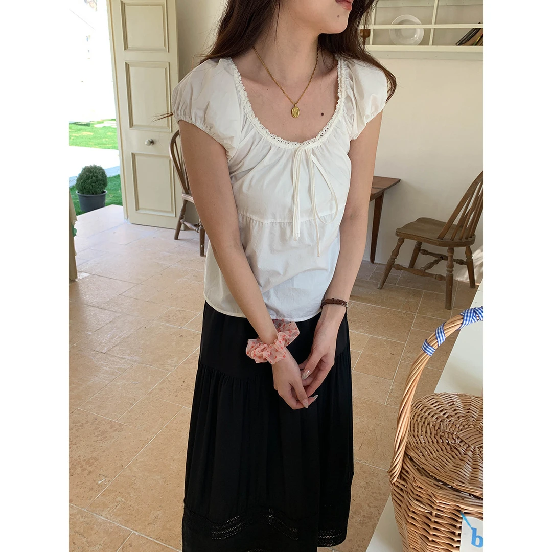 蕾丝花边绑带方领泡泡袖衬衫女2025夏季新款休闲时尚百搭短袖衬衫