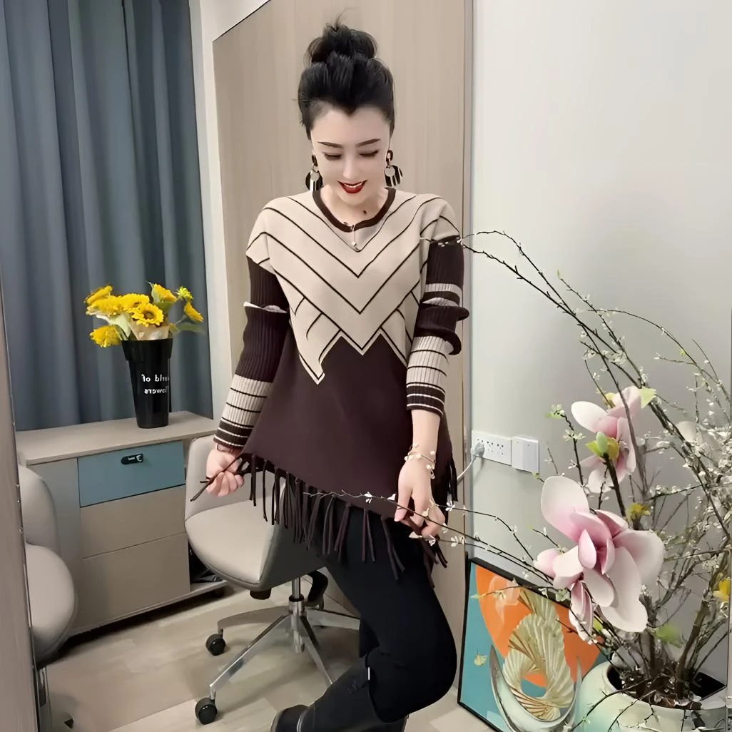 高档中长款流苏长袖针织衫女秋冬新款宽松遮肚显瘦洋气妈妈打底衫