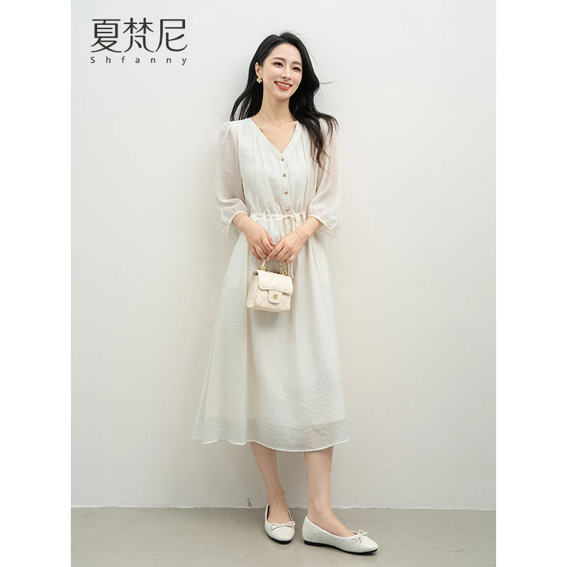 夏梵尼恰似伊人2025秋季新款气质V领收腰细闪连衣裙