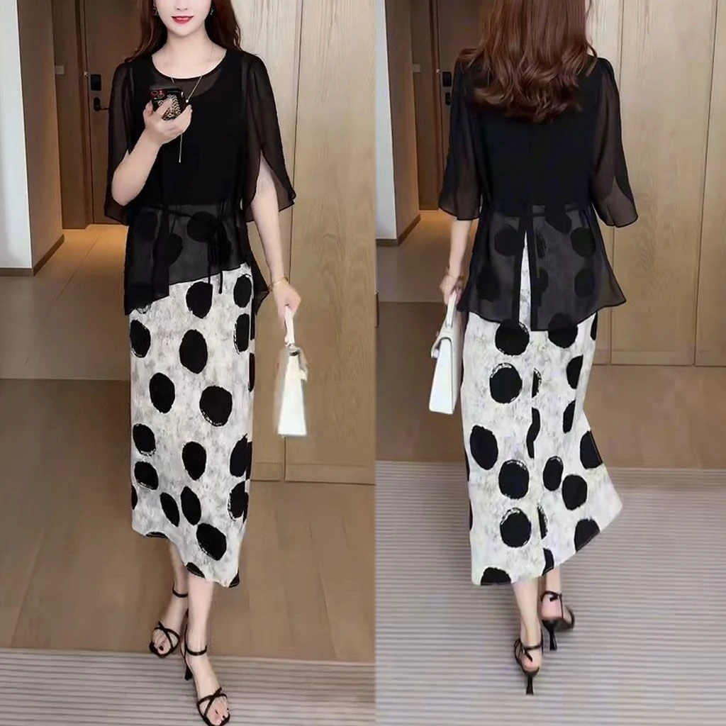 2025年夏季新款气质宽松显瘦设计感薄款上衣波点连衣裙两件套装女