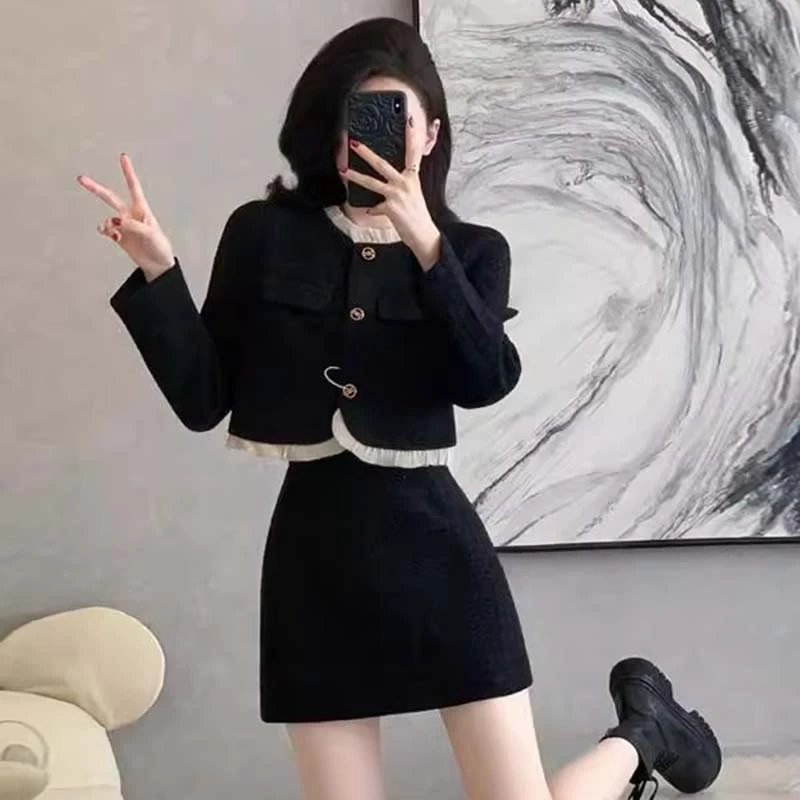 【两件套】【有里布】春秋款高端气质洋气木耳边外套短裙两件套QY0072