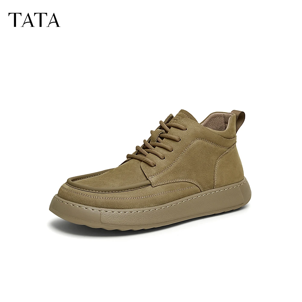 TATA他她棕色皮鞋男鞋加绒真皮高帮鞋短2025冬ODV01DD4