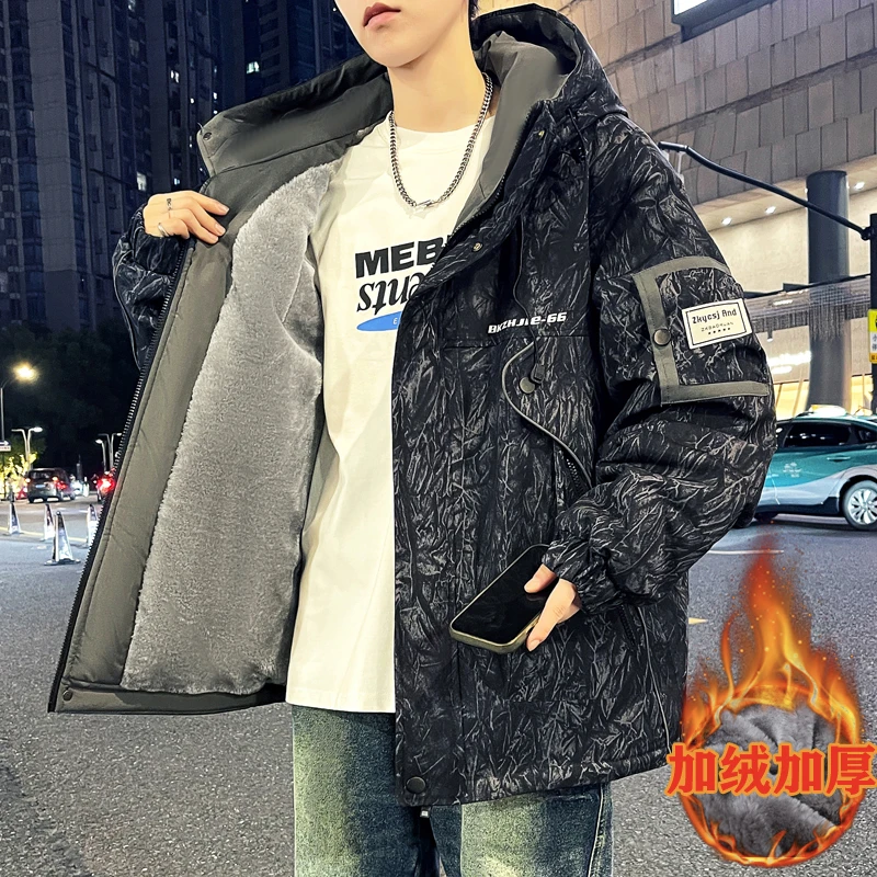 2025秋冬季加绒加厚工装外套男士青少年潮牌加棉连帽夹克外套