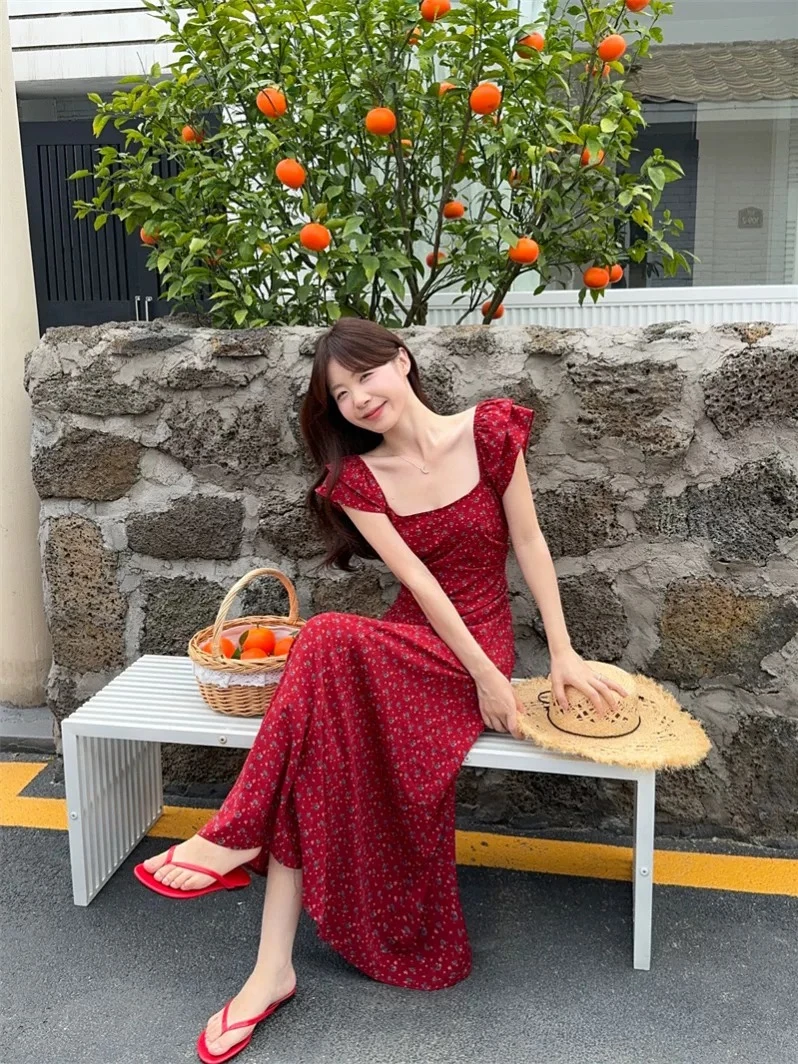 夏季法式红色雪纺碎花连衣裙泡泡袖