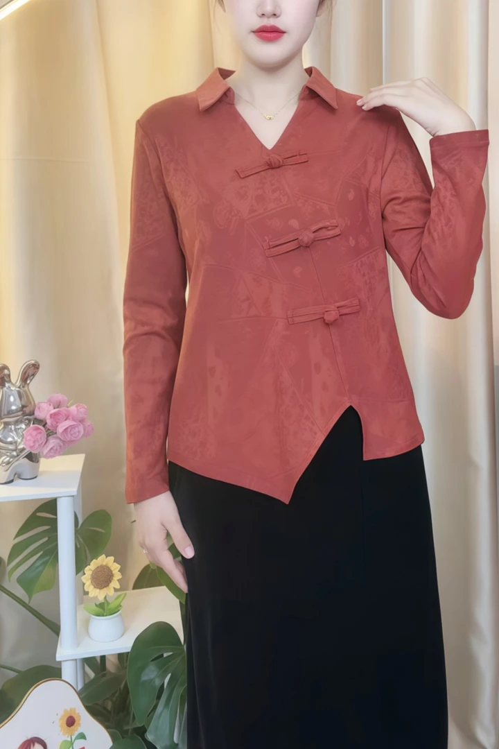 秋季新款磨毛妈妈装显瘦遮肉女士翻领时尚气质盘扣长袖上衣中老年