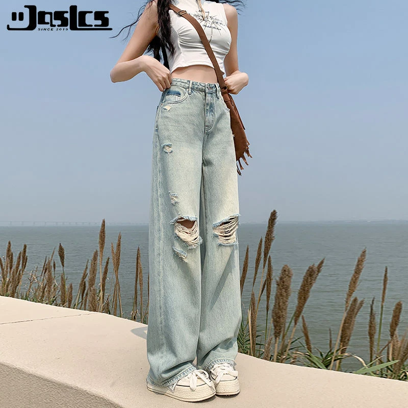 lkk喇叭裤白色多巴胺浅色破洞裤子女夏季新款直筒宽松高腰显瘦阔