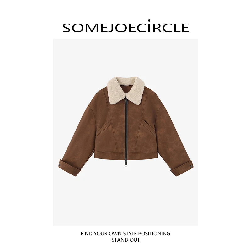 SOMEJOECIRCLE【郑合惠子同款】25冬季新款翻领撞色皮衣外套Z7883