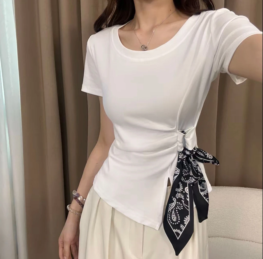 短袖小众褶皱修身不规则修身女款T恤设计感绑带t恤百搭显瘦开叉