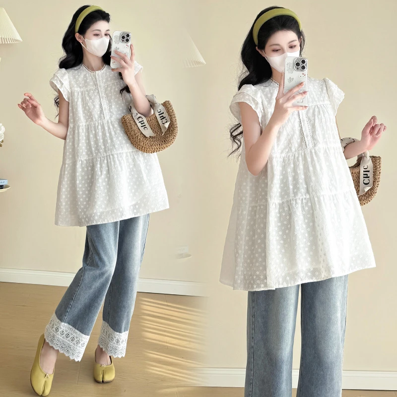 孕妇装夏季新款韩版气质花边衬衫洋气减龄休闲薄款外穿连衣裙上衣