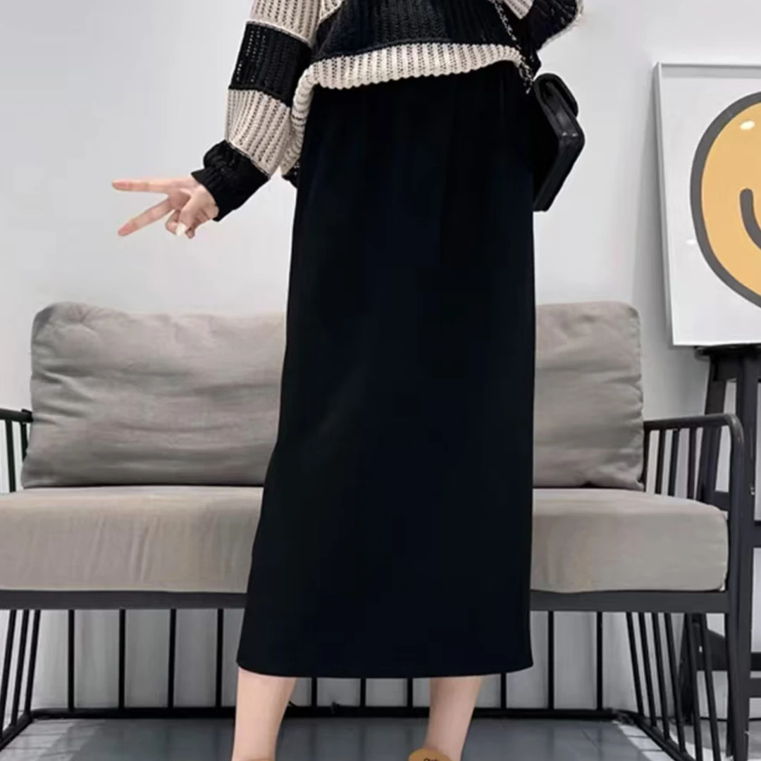 女士爆款时尚开叉轻奢设计感百搭松紧腰加绒简约半身裙潮流6D874