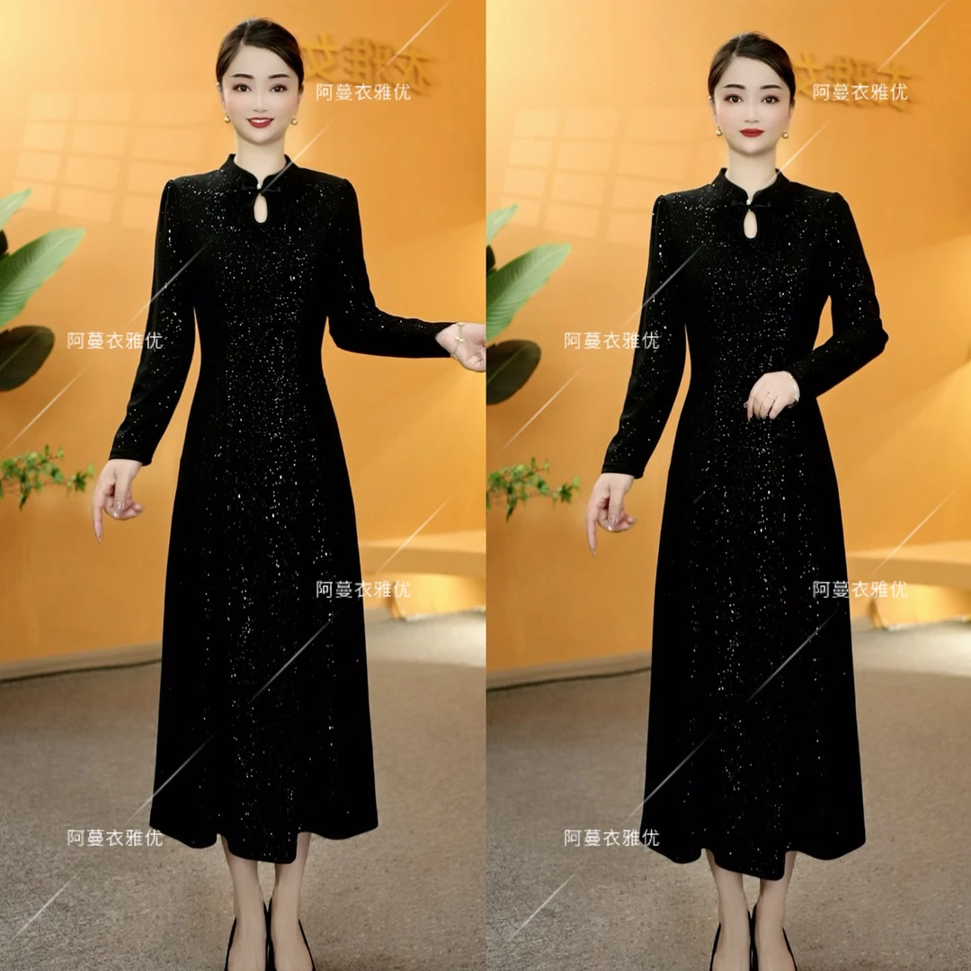 【衣雅严选】8127-2220#新时尚百搭烫金长袖水滴领秋款旗袍连衣裙