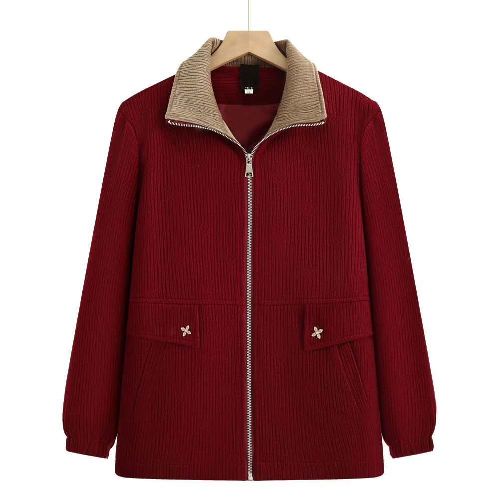 纯色灯芯绒外套2025春秋新款中老年妈妈休闲宽松翻领洋气夹克上衣