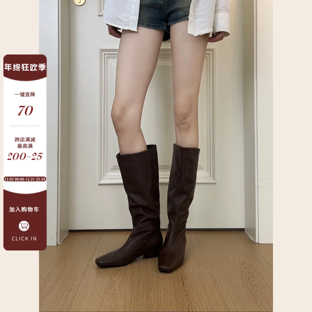 Dannyfrey新款韩系极简风方头百搭瘦瘦靴套筒时尚高筒长靴3CM