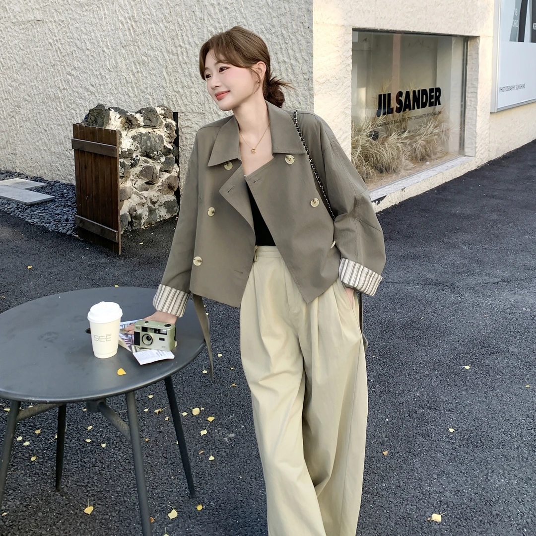 条纹撞色短款风衣外套女2025秋季新款韩系小个子休闲百搭夹克上衣