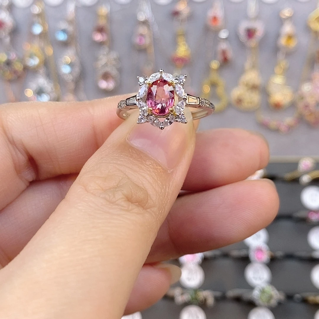 碧玺戒指银S925镶嵌粉