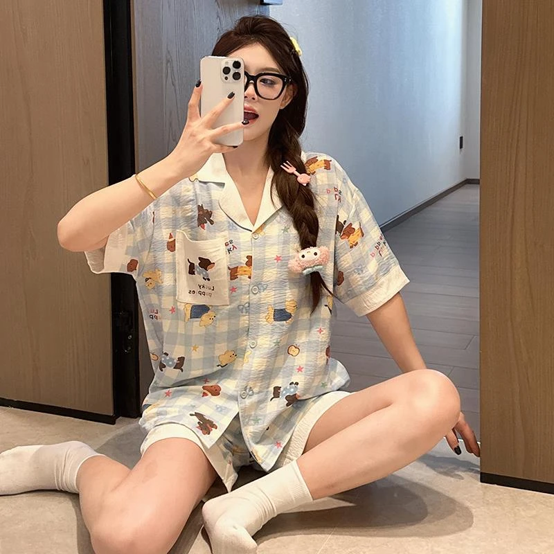 GPSUNLU夏季睡衣女短袖短裤三件套云朵棉韩系甜美少女可爱家居服