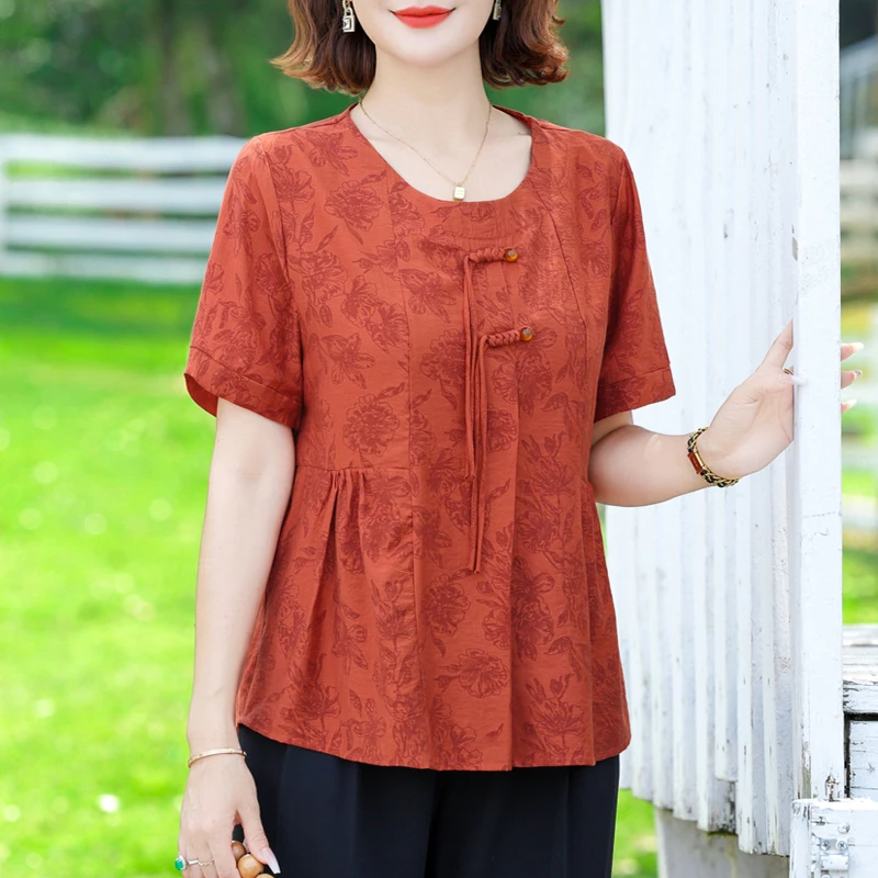 2025夏季妈妈装短袖小衫新中式洋气中老年女装国风上衣